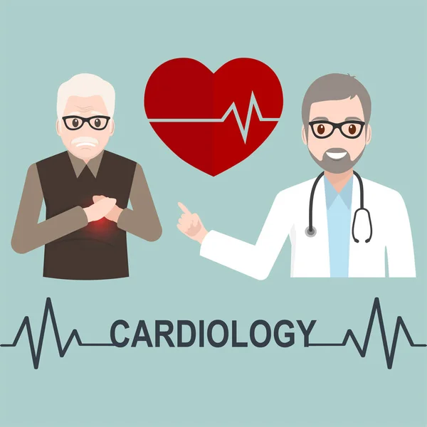 Paciente Corazón Anciano Varón Médico Con Ilustración Texto Cardiología Icono — Vector de stock