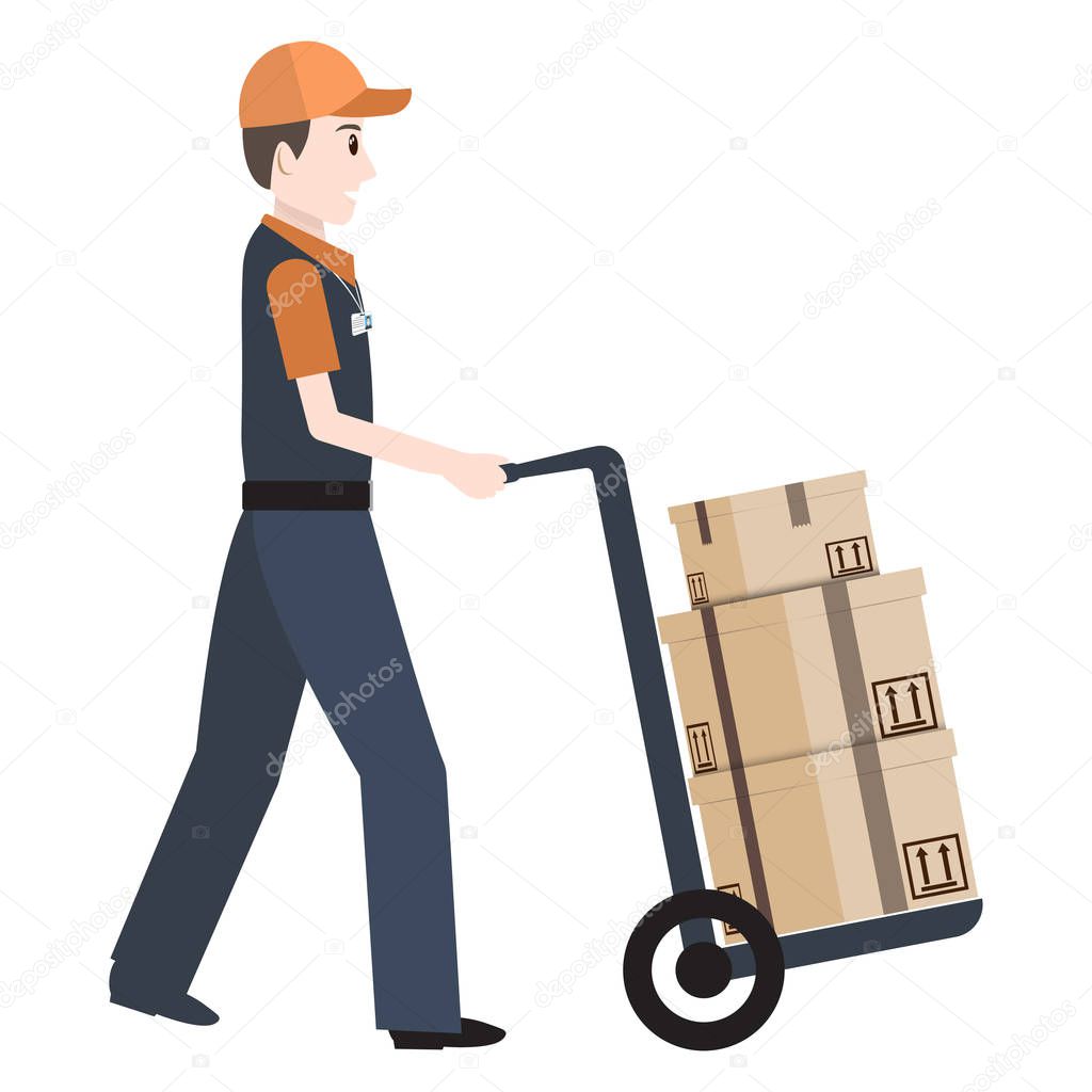 Man and crate on handcart icon, Delivery service illustration