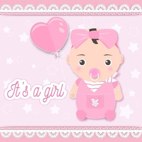 Baby Girl Duschkarte, Baby Girl hält Luftballon auf rosa — Stockvektor