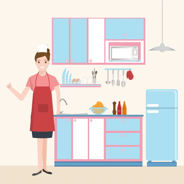 Женщина Кухня Посуда Концепция Кухонного Интерьера — стоковый вектор