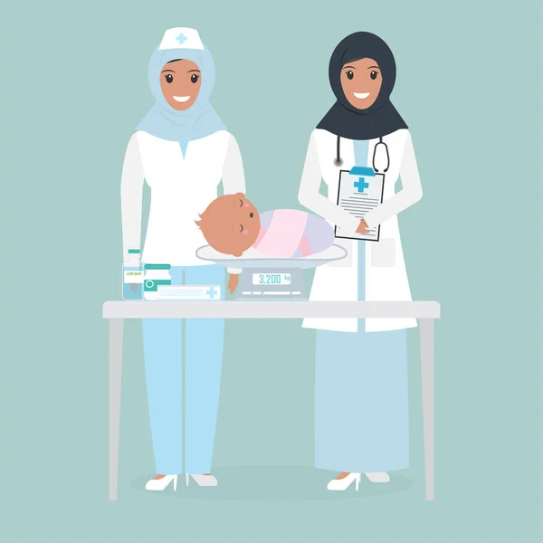 Muslimische Ärztin Krankenschwester Und Gewichtswaage Für Säuglinge Digitale Waagen Messen — Stockvektor