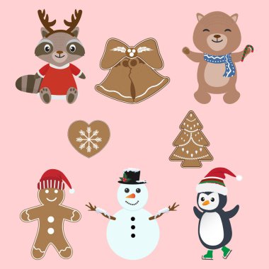 Sevimli hayvan, gingerbread kümesi Noel karakter illüstrasyon karikatür