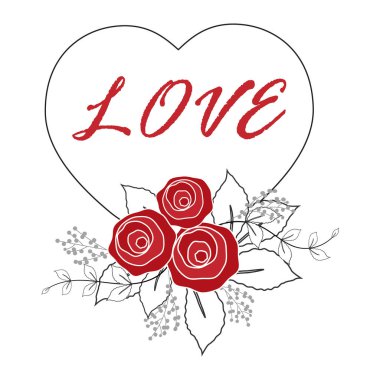 Kalp ve gül çiçek, mutlu sevgililer günü tebrik kartı illüstrasyon