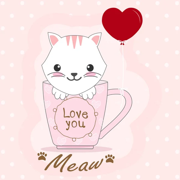 Lindo Gato Café Taza Carácter Corazón Globo Día San Valentín — Archivo Imágenes Vectoriales