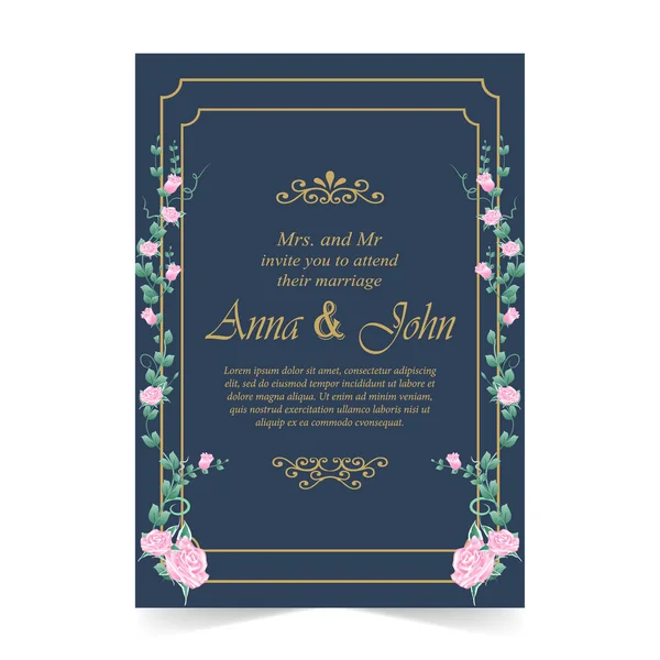 Hochzeitskarte Einladungskarte Mit Rosa Rose Auf Dunkelblauem Hintergrund — Stockvektor
