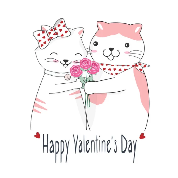 Drăguţ Cuplu Pisici Trandafir Buchet Happy Valentines Day Felicitare Ilustrare — Vector de stoc