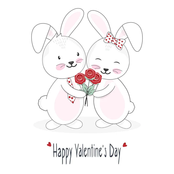 Linda Pareja Conejos Ramo Rosas Feliz Día San Valentín Tarjeta — Vector de stock