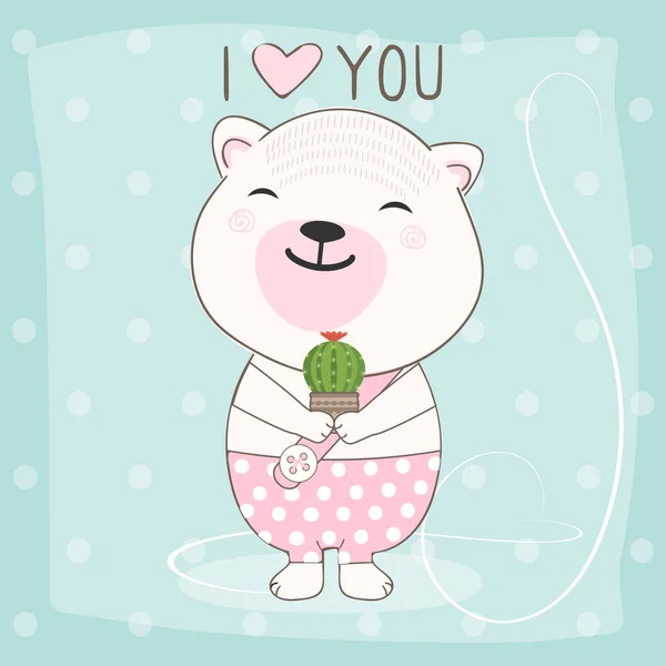 Mignon bébé ours en peluche tenant cactus animal dessin animé illustration — Image vectorielle
