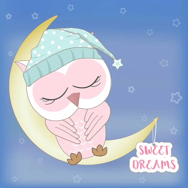 Söt rosa uggla som sover med söta drömmar text djur-tecknad serie sjuk — Stock vektor