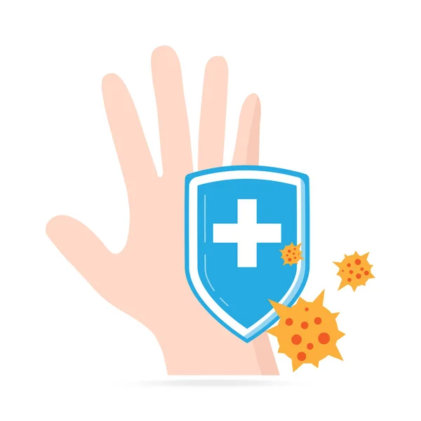Mão e escudo usando antibacteriano, ícone de vírus, ilustre médico — Vetor de Stock