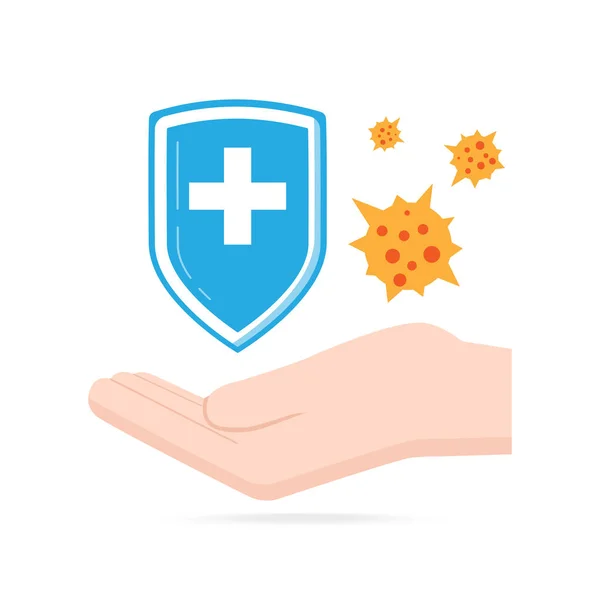 Mano y escudo usando antibacteriano, virus icono, illustr médica — Vector de stock