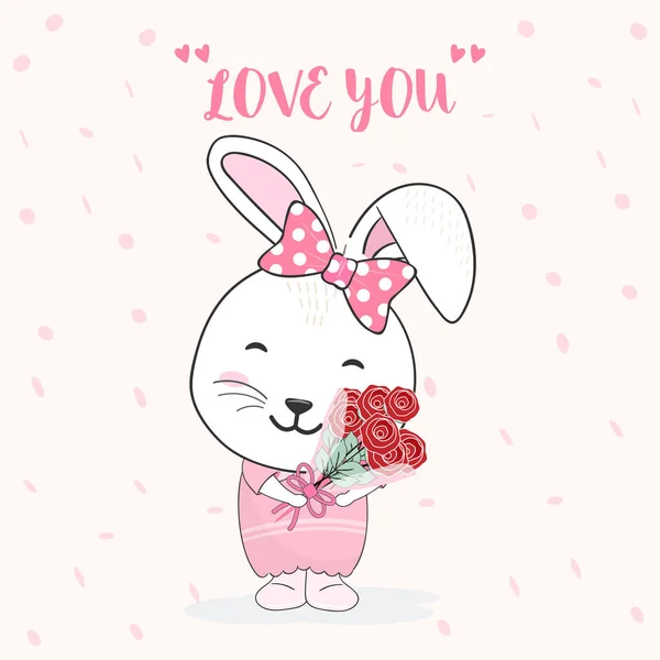 Lindo conejo y rosa ramo animal dibujo animado ilustración — Vector de stock