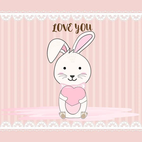 Cute  rabbit hugging heart with lace and strips line animal illustration — Stock Vector