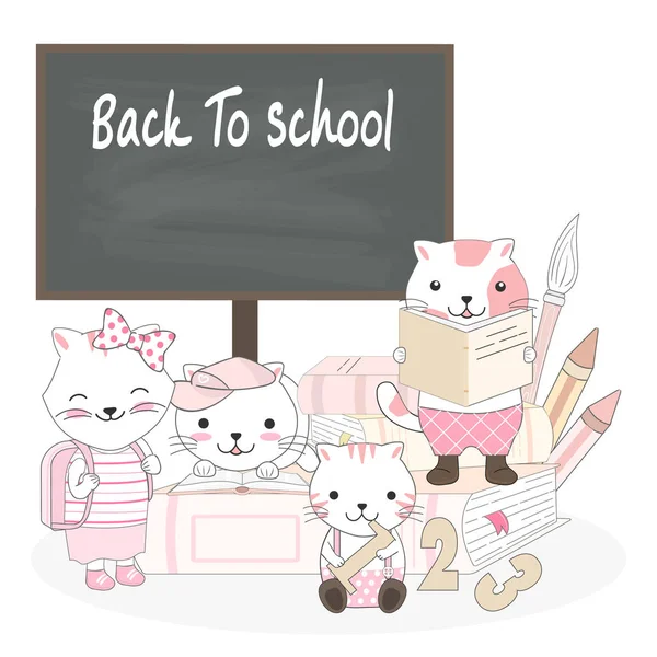 Carino gatto animale cartone animato torna a scuola set illustrazione — Vettoriale Stock