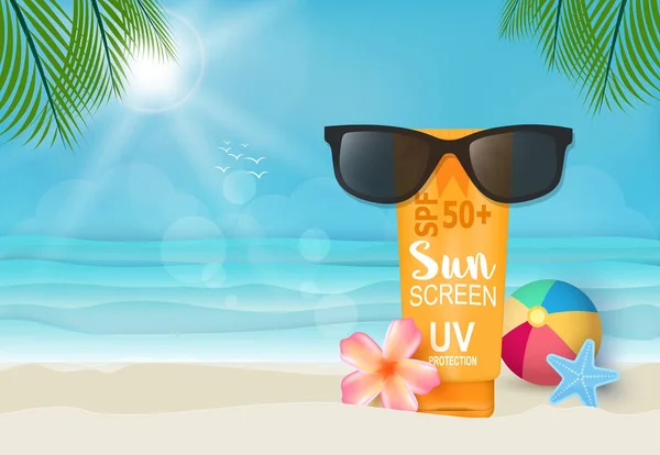 Sunscreen and sunglasses on the beach background illustration — ストックベクタ