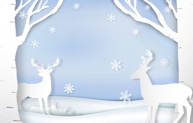 Geyik ve kar tanesi Noel arkaplanının kağıt sanatı