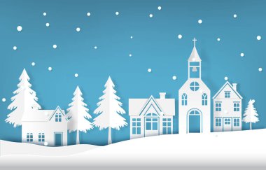 Köye kış tatili karı yağıyor. Noel sezonu kağıt sanat tarzı.
