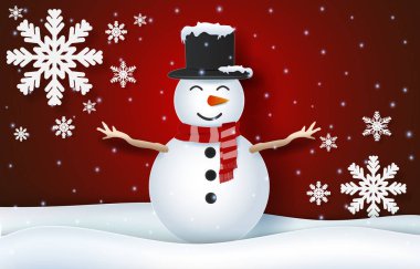 Kırmızı arka planda Kardan Adam ve Kar Tanesi Noel sezonu 