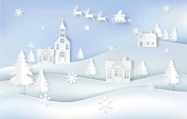 Vacaciones de invierno Santa y ciervos en pueblo con copo de nieve. Fondo de temporada de Navidad — Vector de stock