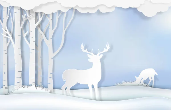 Deer standing in forest. Nature background  paper art style — ストックベクタ