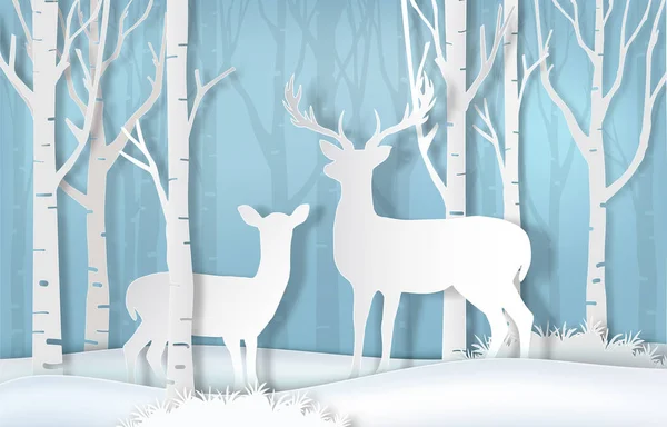 Deer standing in forest. Nature background  paper art style — Stock Vector