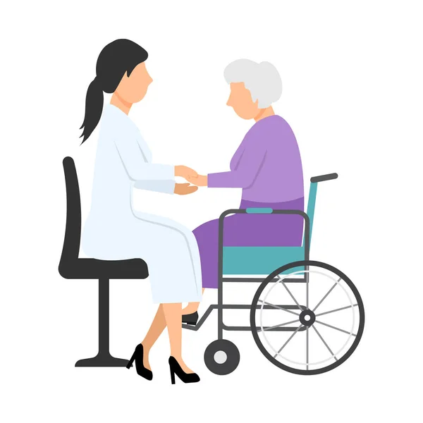 Doktor tekerlekli sandalyede oturan yaşlı kadınla konuşuyor. — Stok Vektör
