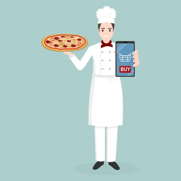 大厨手持比萨饼图标网上送餐概念图解 — 图库矢量图片