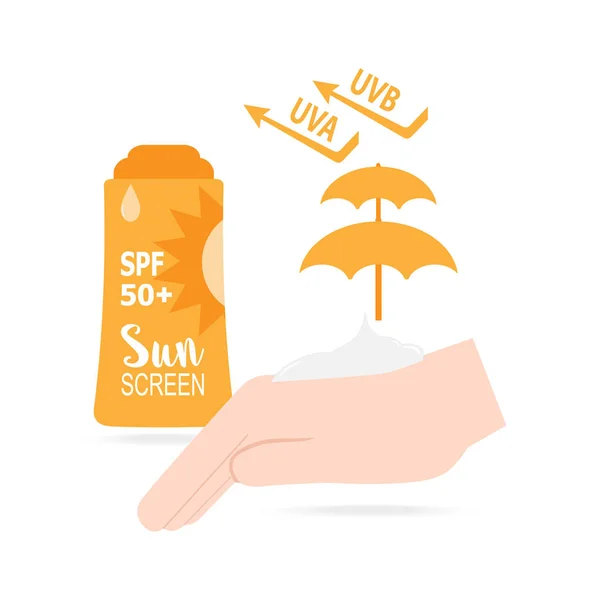 Protector solar con icono de mano, protector solar SPF 50 — Archivo Imágenes Vectoriales