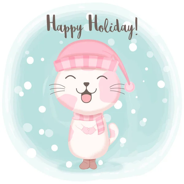 Carino gattino con neve cartone animato acquerello illustrazione — Vettoriale Stock