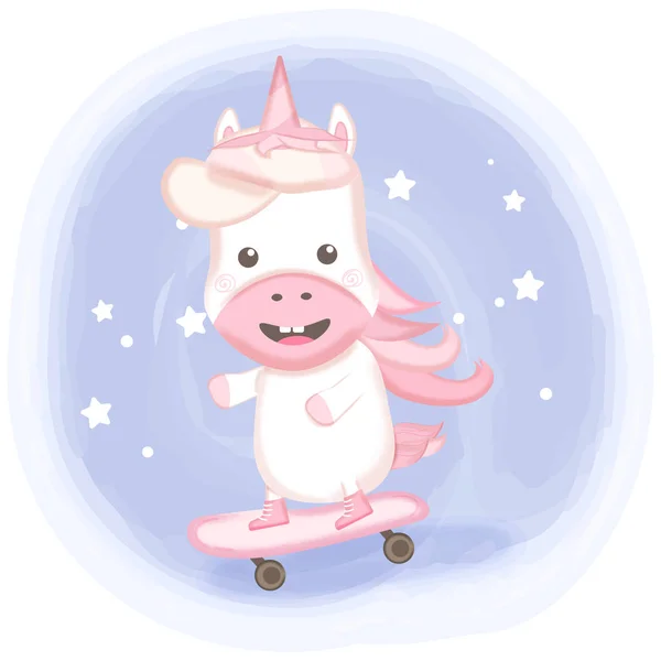 Lindo unicornio jugando skate dibujos animados dibujado a mano fondo — Vector de stock