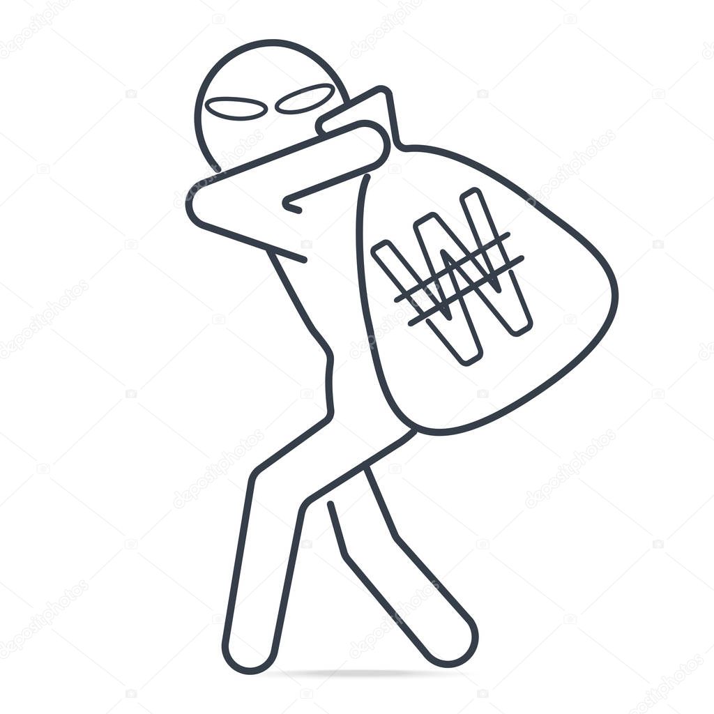 Thief stealing money and Won KRW sign icon. Simple line illustra