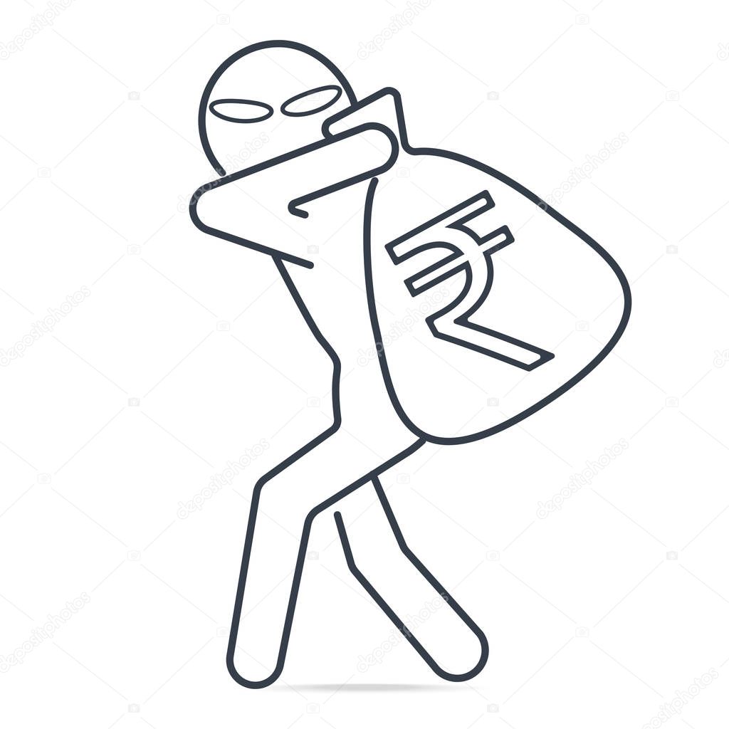 Thief stealing money and Rupee INR sign icon.