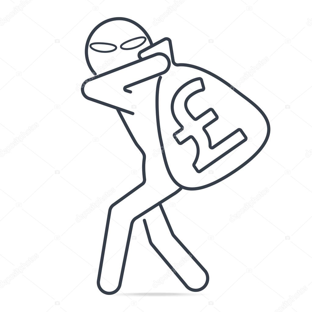 Thief stealing money and Pound GBP sign icon.