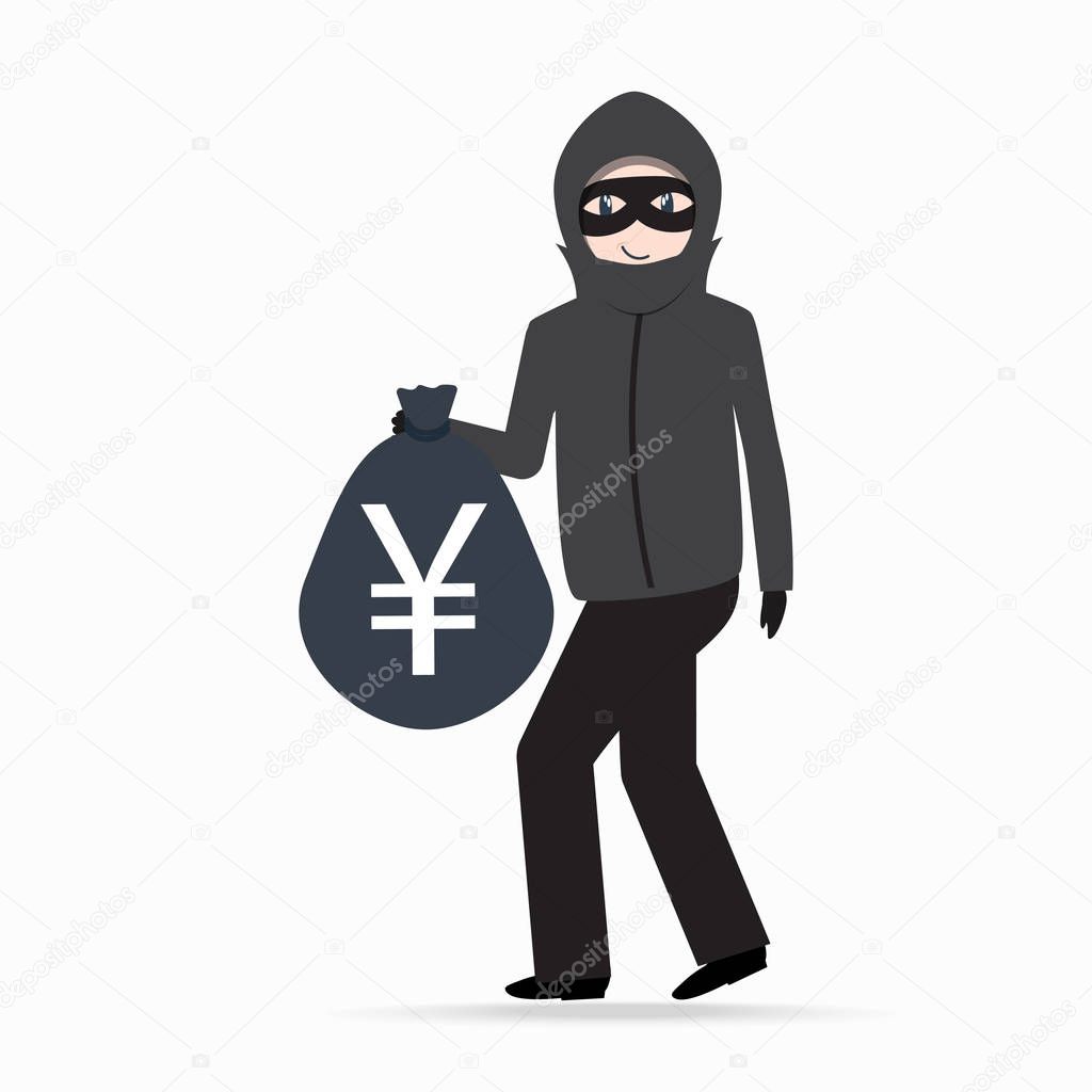 Man holding money bag with yen currency sign. Beware pickpocket 