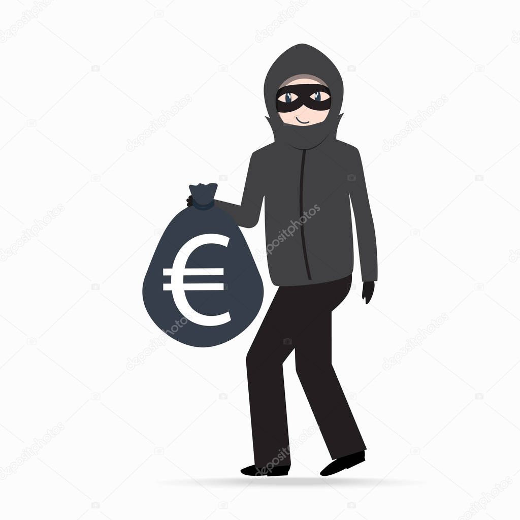 Man holding money bag with euro currency sign. Beware pickpocket
