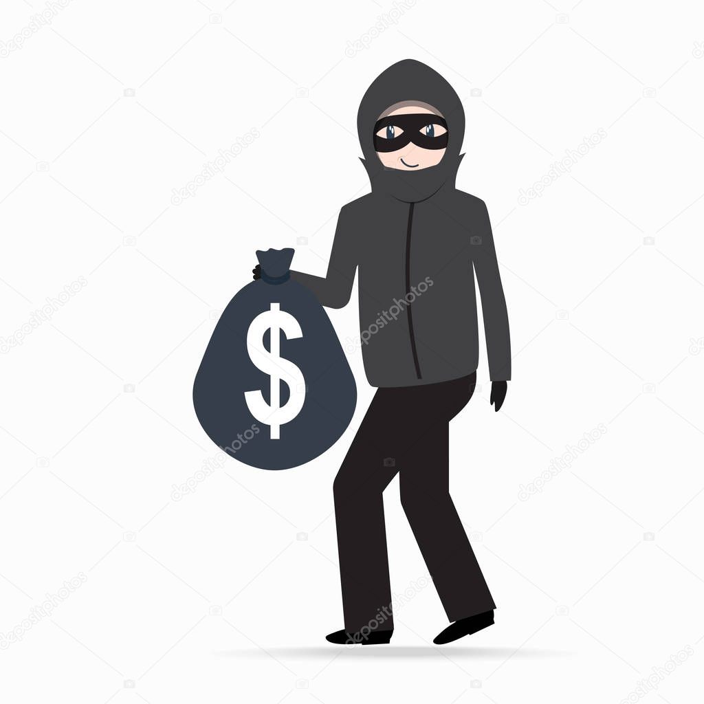 Man holding money bag with dollar sign. Beware pickpocket sign. 
