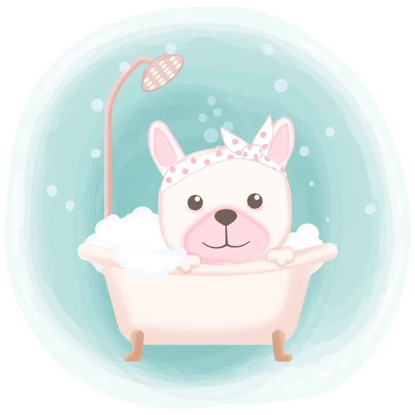 Carino cucciolo fare il bagno nella vasca disegnato a mano illustrazione del cartone animato — Vettoriale Stock