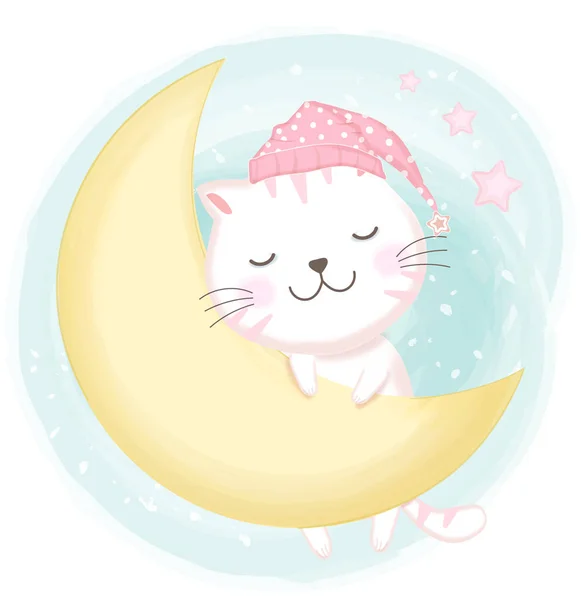 Lindo gato dormido mano dibujado dibujos animados ilustración fondo — Vector de stock