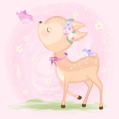 Cute baby deer with bird hand drawn animal illustration  clipart