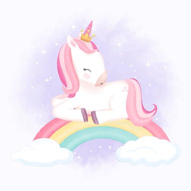 Cute unicorn sleeping on rainbow hand drawn cartoon animal watercolor illustration clipart