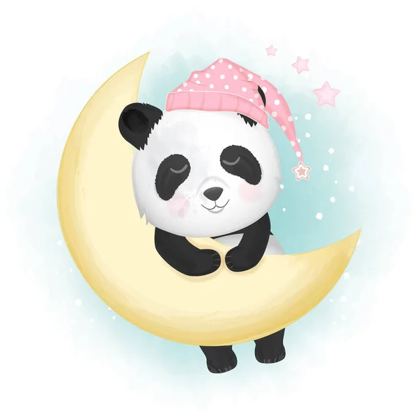 Bonito Panda Dormindo Mão Desenhado Desenho Animado Ilustração Aquarela Fundo — Vetor de Stock