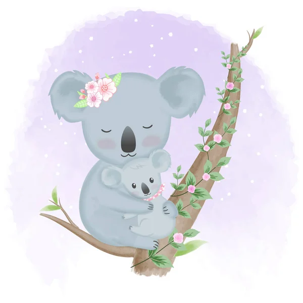 Cute Baby Koala Matka Drzewie Ręcznie Rysowane Kreskówki Zwierząt Akwarela — Wektor stockowy