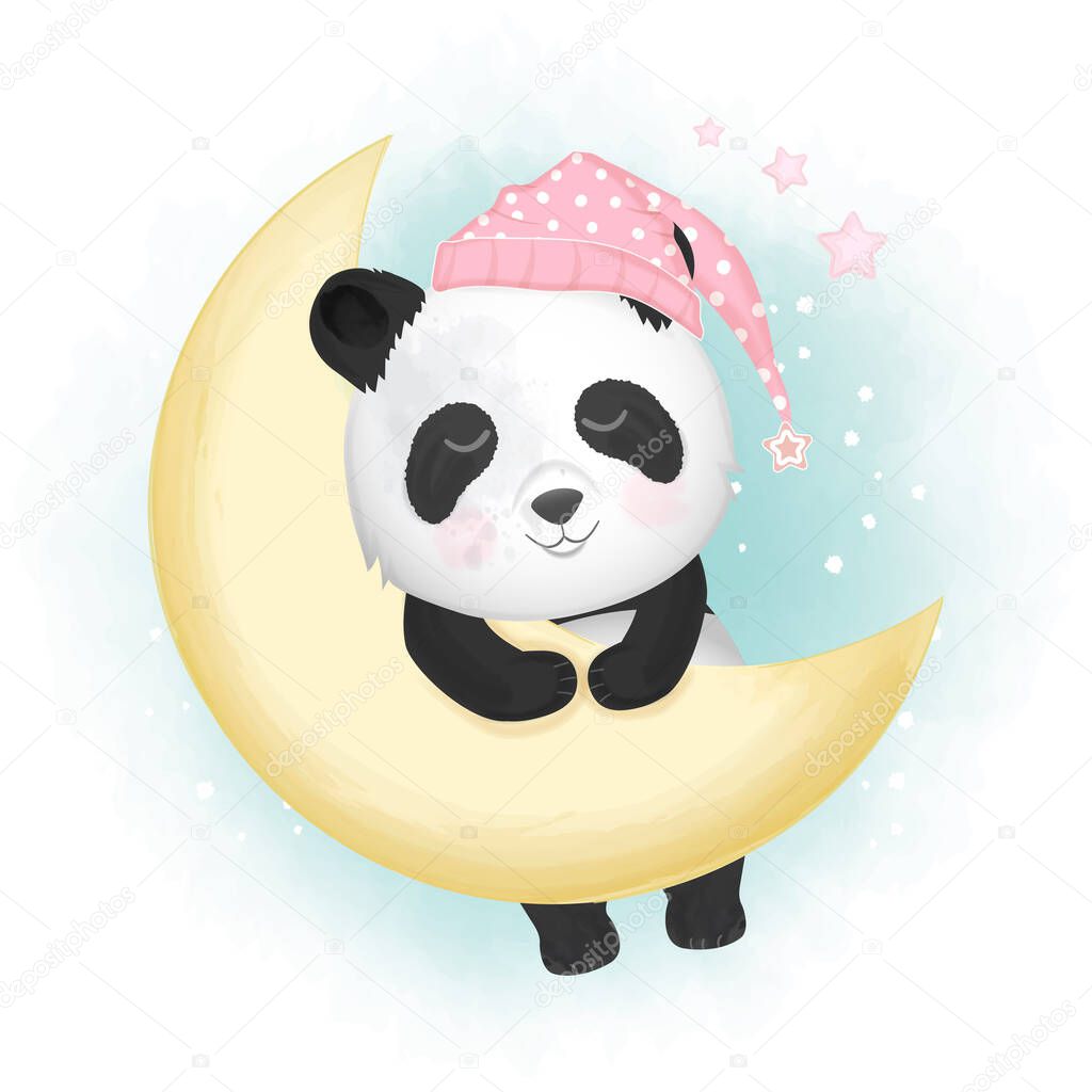 Cute panda sleeping hand drawn cartoon illustration watercolor background