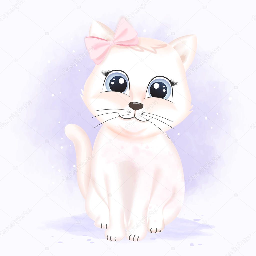 Cute white cat sitting hand drawn cartoon animal illustration