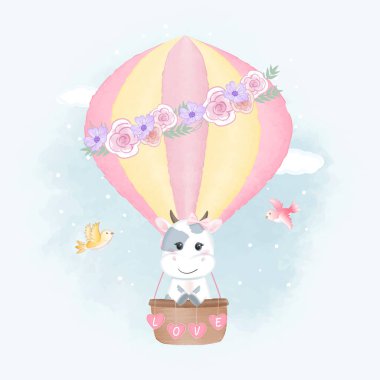 Sıcak hava balonunda şirin bir inek ve kuşların elle çizdiği karikatür, suluboya resim.