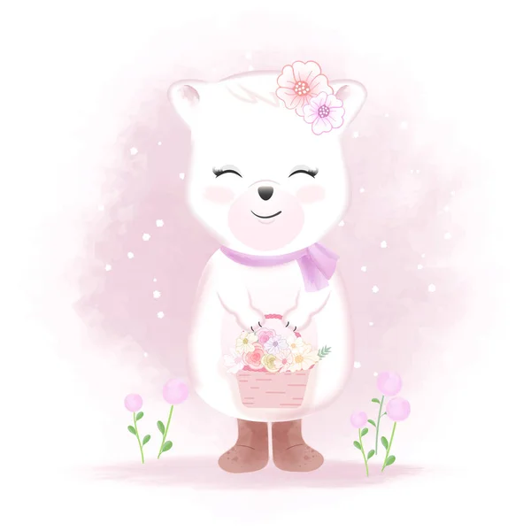 Cute Niedźwiedź Gospodarstwa Kwiat Kosz Ręcznie Rysowane Akwarela Ilustracja — Wektor stockowy