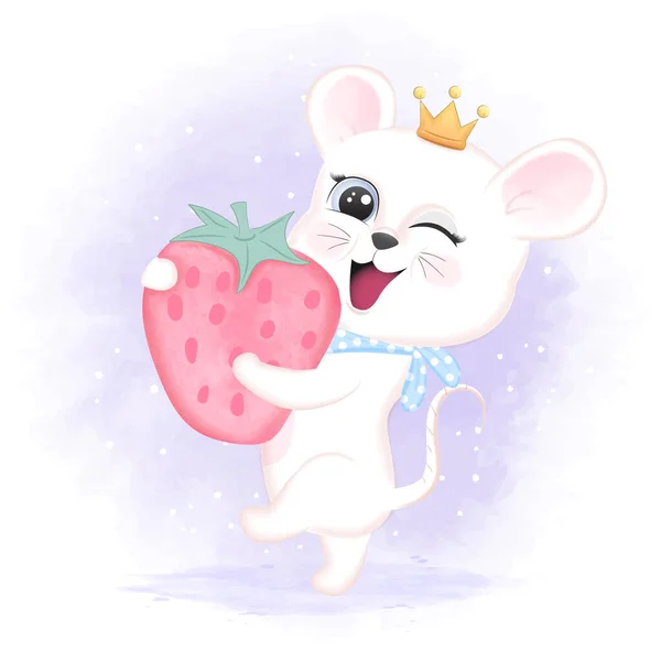 Niedliche Baby Maus Und Erdbeere Hand Gezeichnet Cartoon Tier Aquarell — Stockvektor