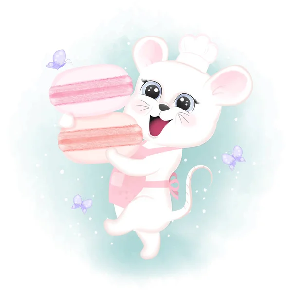 Baby Maus Und Macarons Handgezeichnete Karikatur Tier Aquarell Illustration — Stockvektor