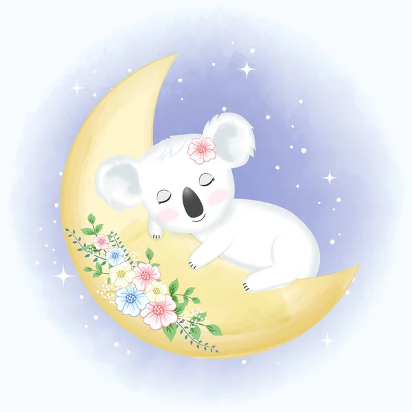 Mignon Bébé Koala Dormir Sur Lune Dessin Main Dessin Animé — Image vectorielle