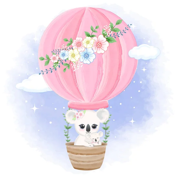 Bébé Koala Mère Sur Ballon Air Chaud Dessiné Main Dessin — Image vectorielle